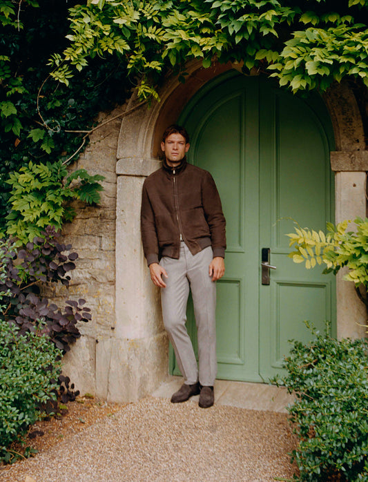 Suede Penny Loafer Shoes Dark Brown Model Image