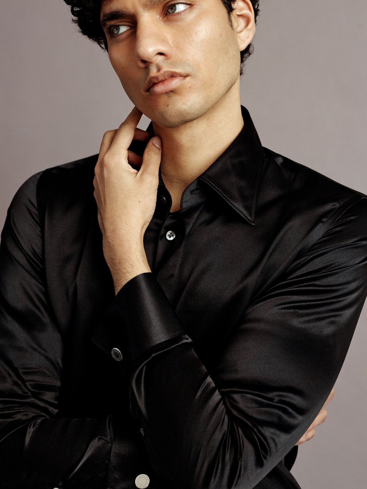 Silk Lecce Collar Fly Front Shirt Black Mid Crop Model Image