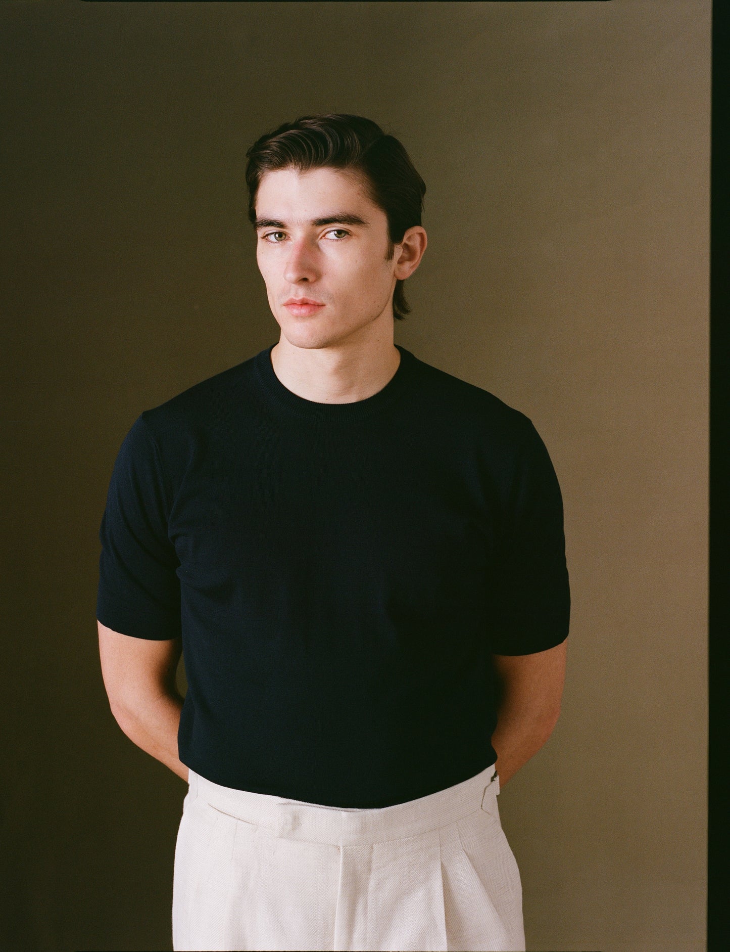Navy Crepe Cotton Short Sleeve T-shirt on model