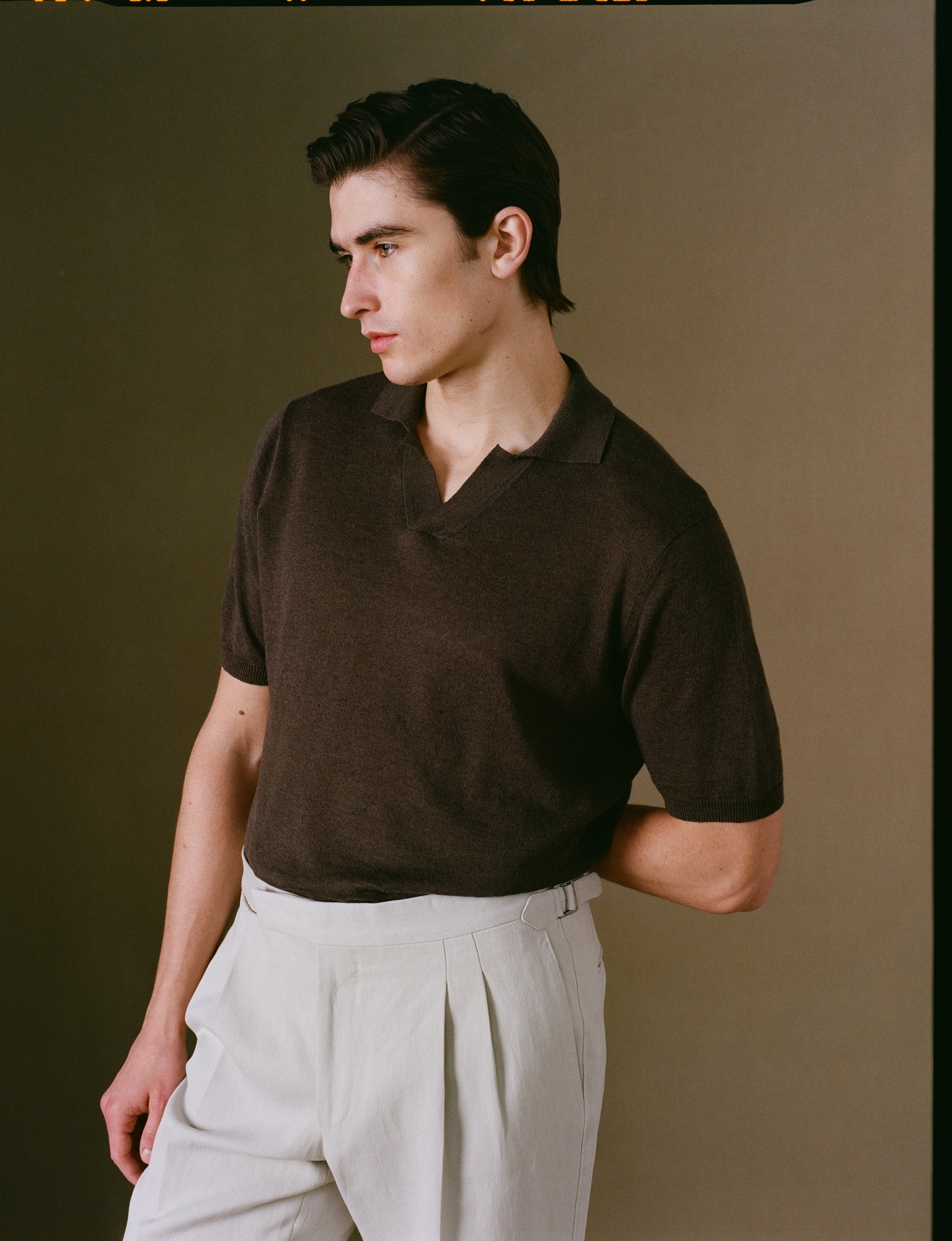 Dark Brown Linen Polo Shirt on Model