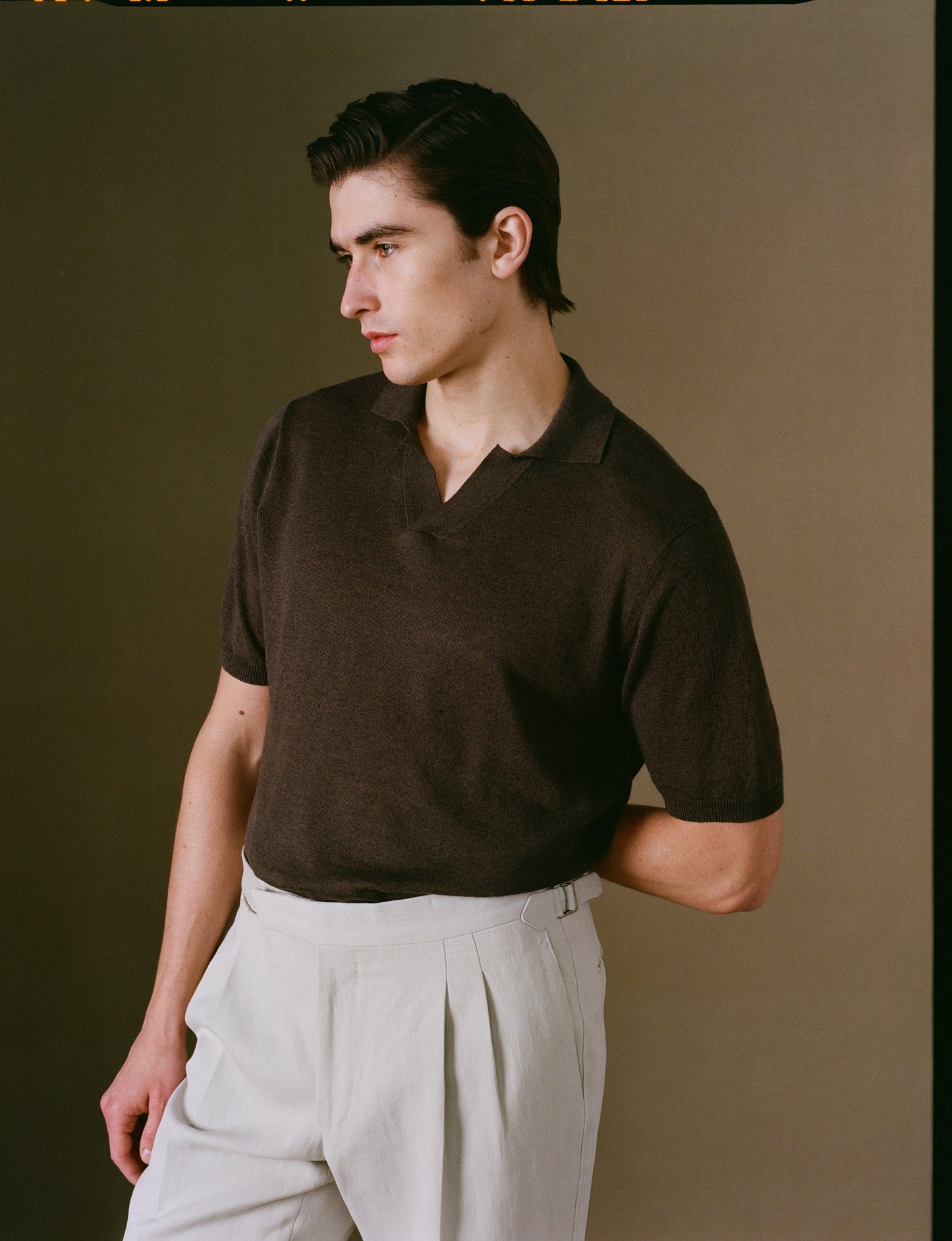 Dark Brown Linen Polo Shirt on Model