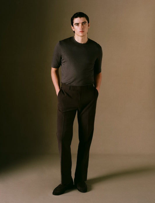 Brown Linen short sleeve t-shirt on model