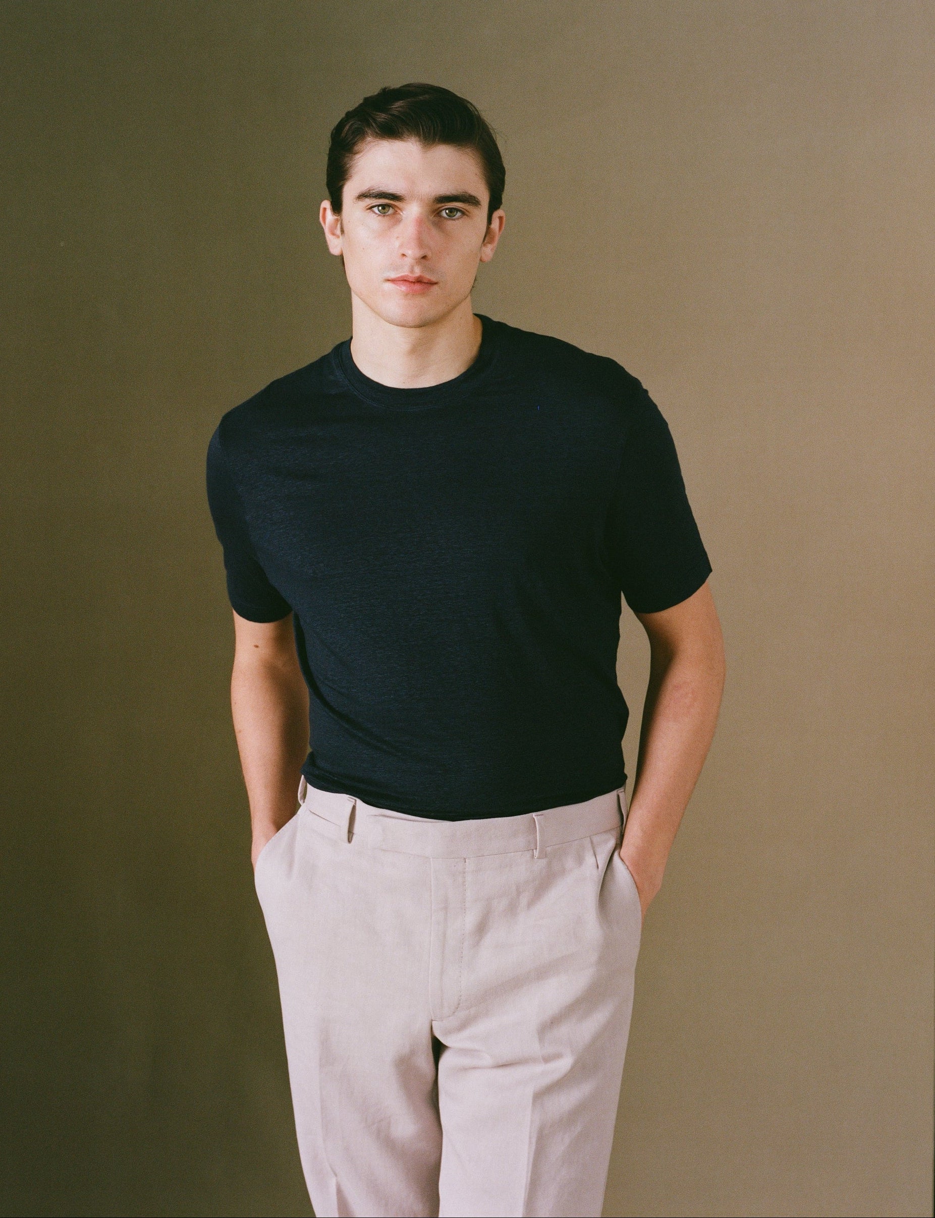 Navy linen short sleeve t-shirt on model