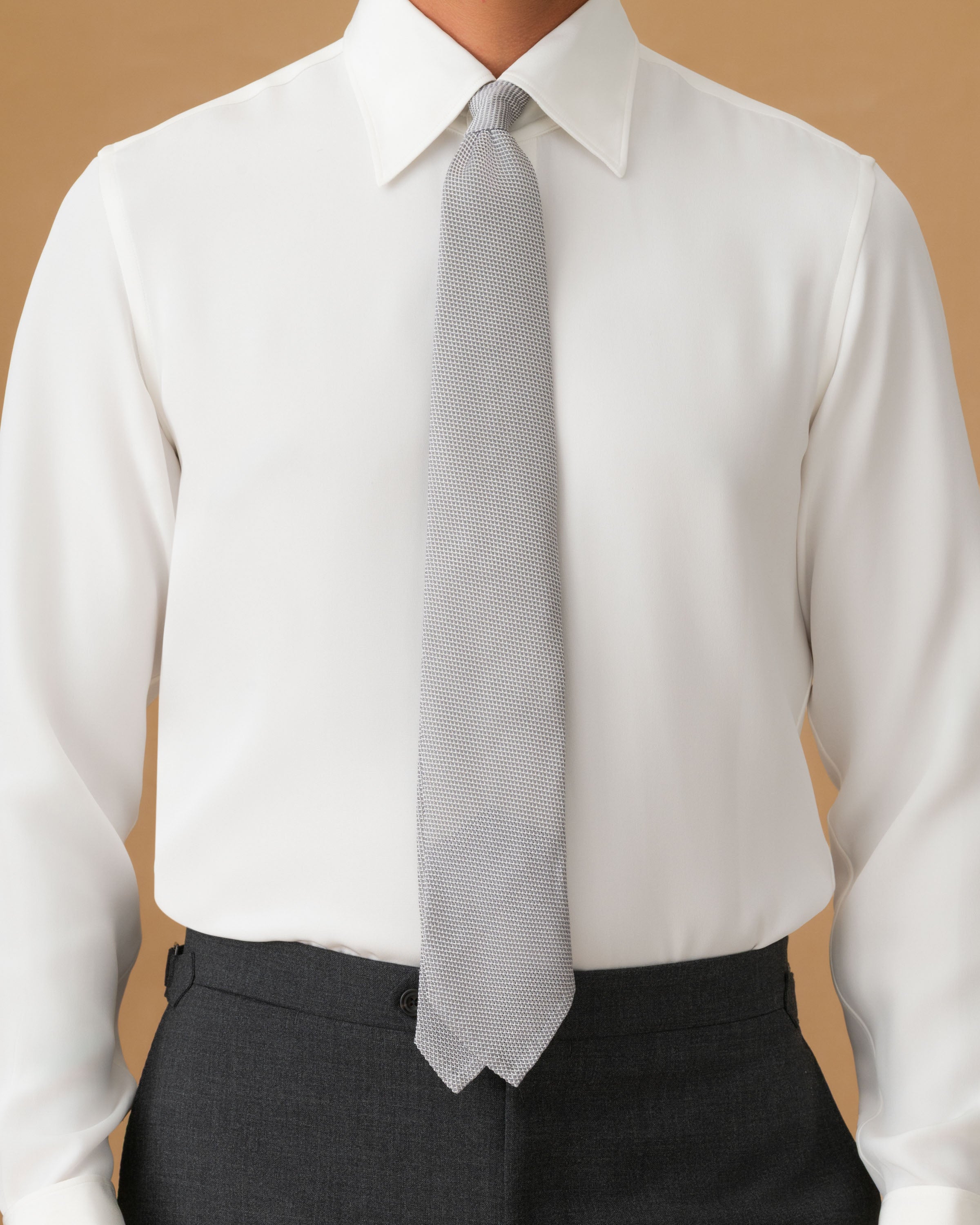 Silk Lecce Collar Fly Front Shirt White Model Cropped Image