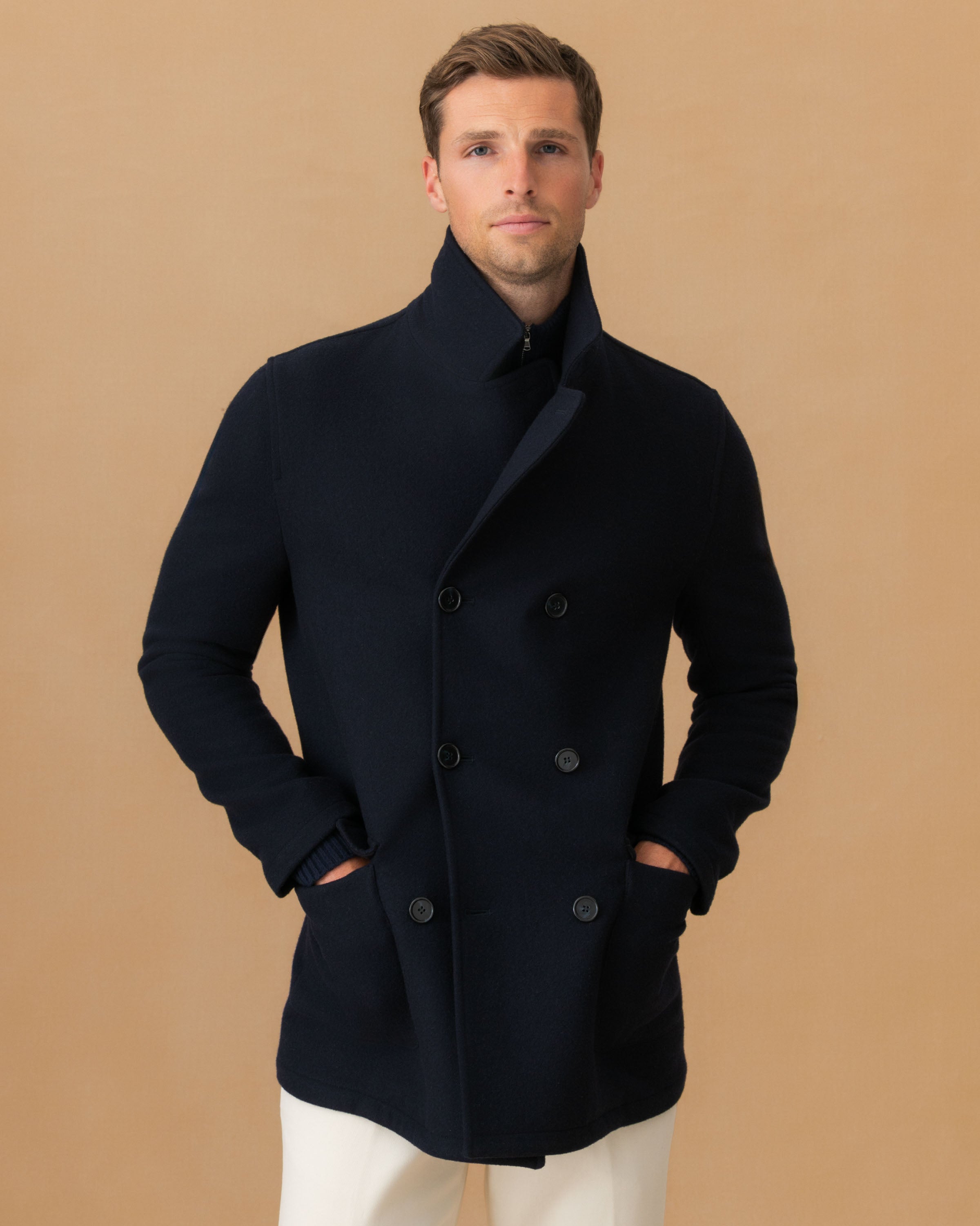 Double Wool Pea Coat Navy Model Cropped Image