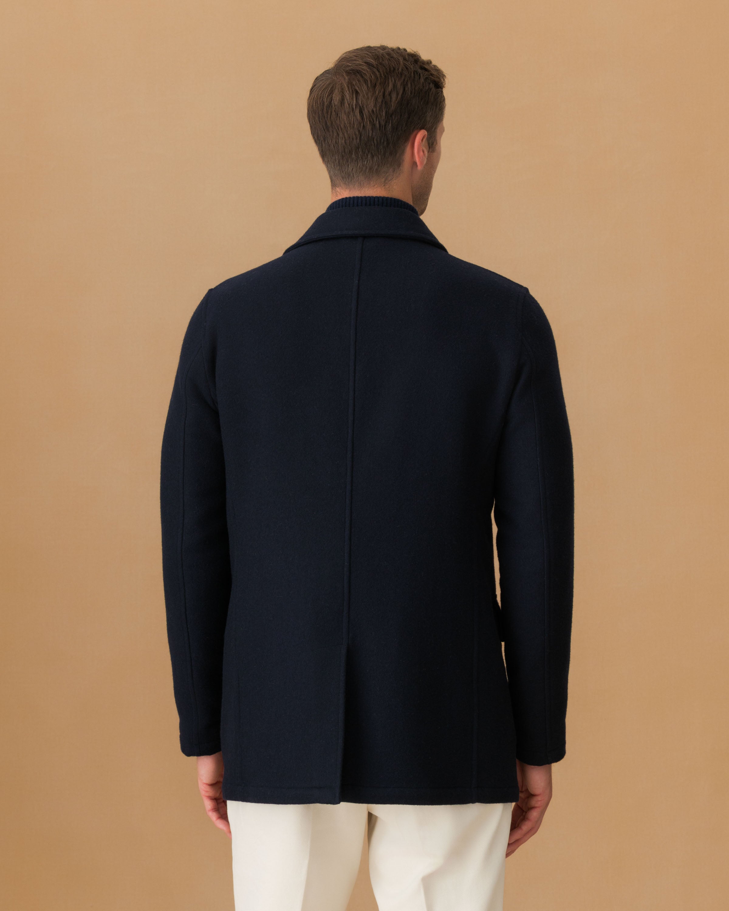 Double Wool Pea Coat Navy Model Back Image