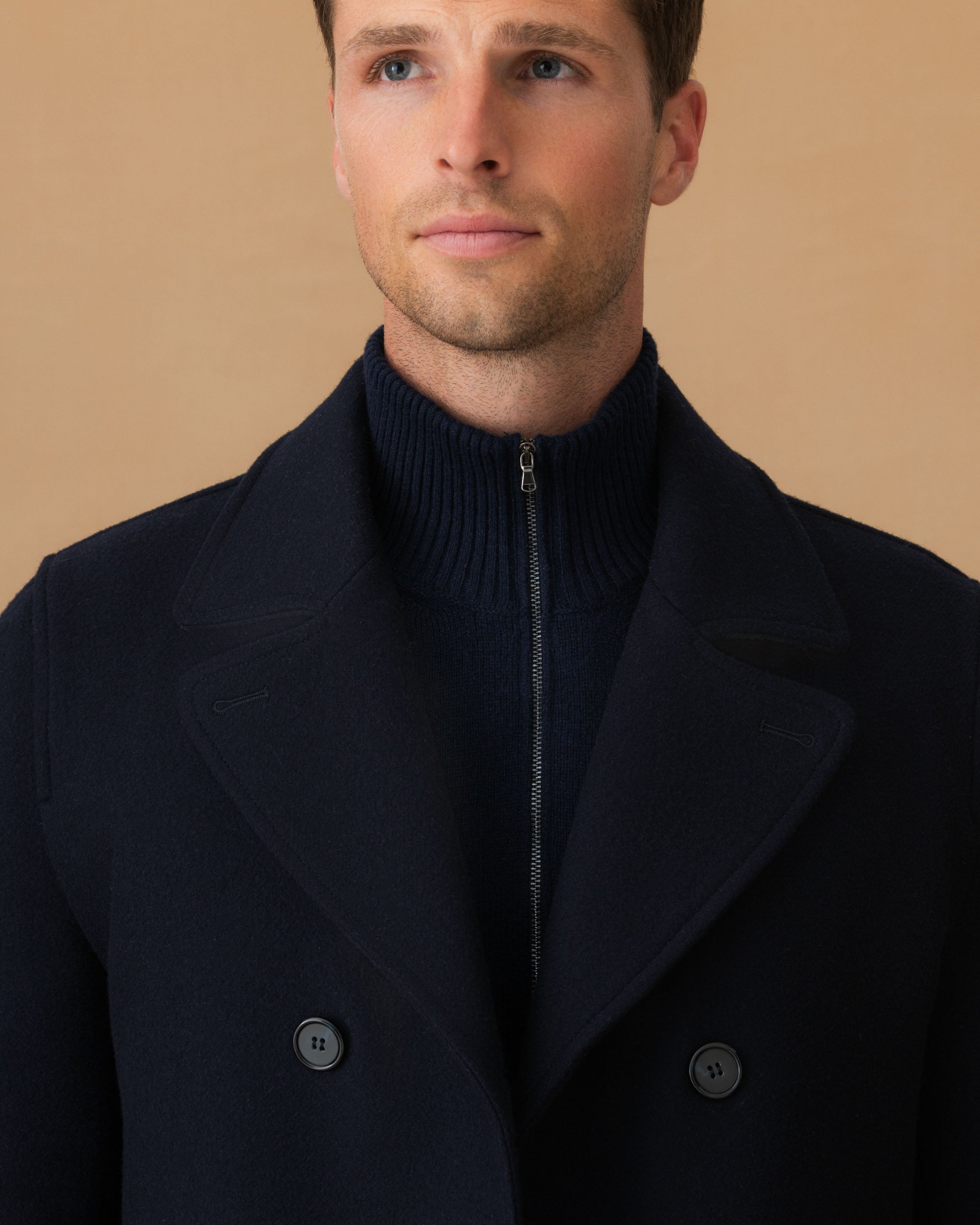 Double Wool Pea Coat Navy Model Collar Image
