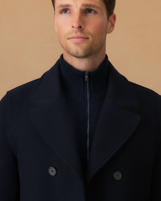 Double Wool Pea Coat Navy Model Collar Image