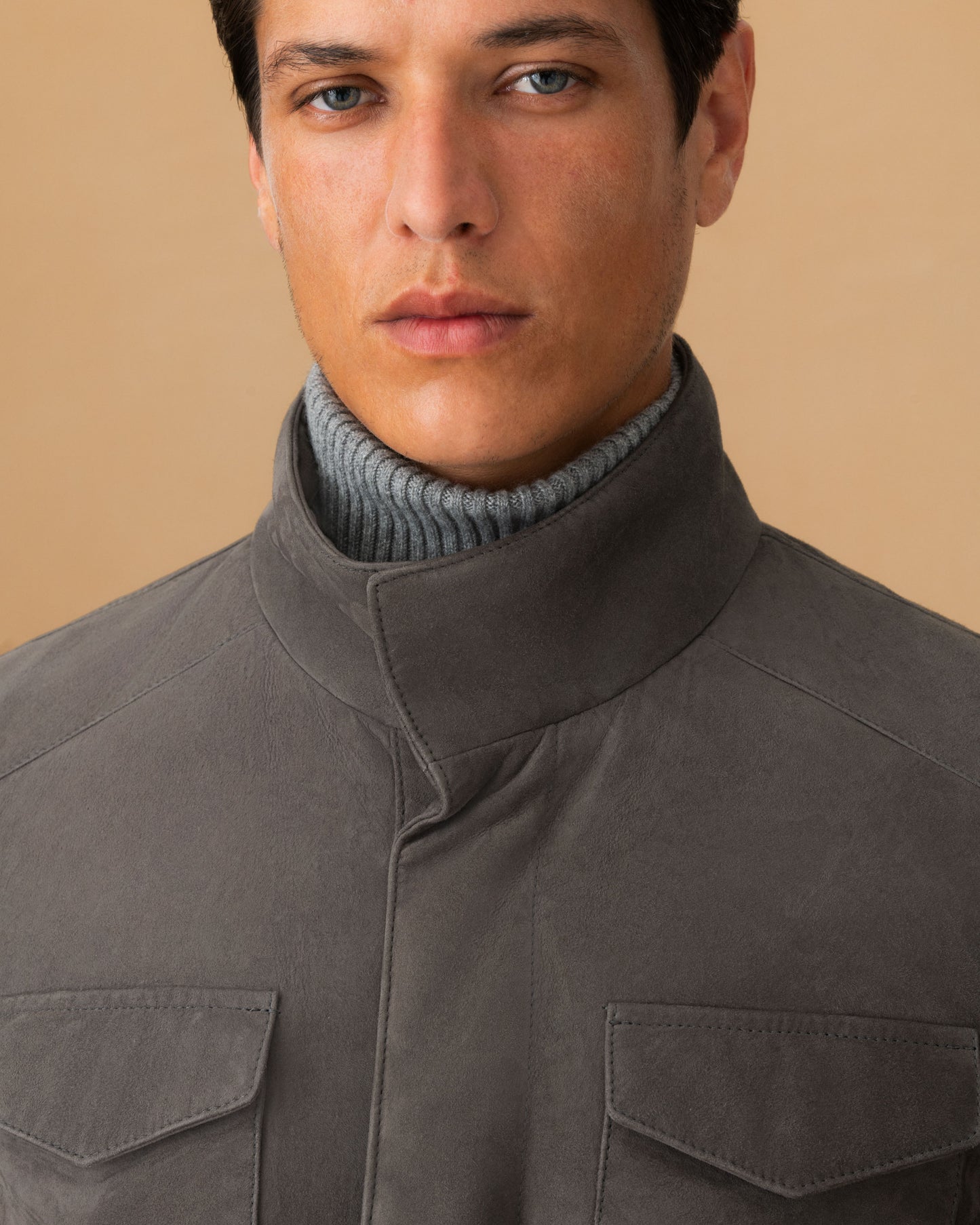 Suede Field Jacket Brown Model Collar Image