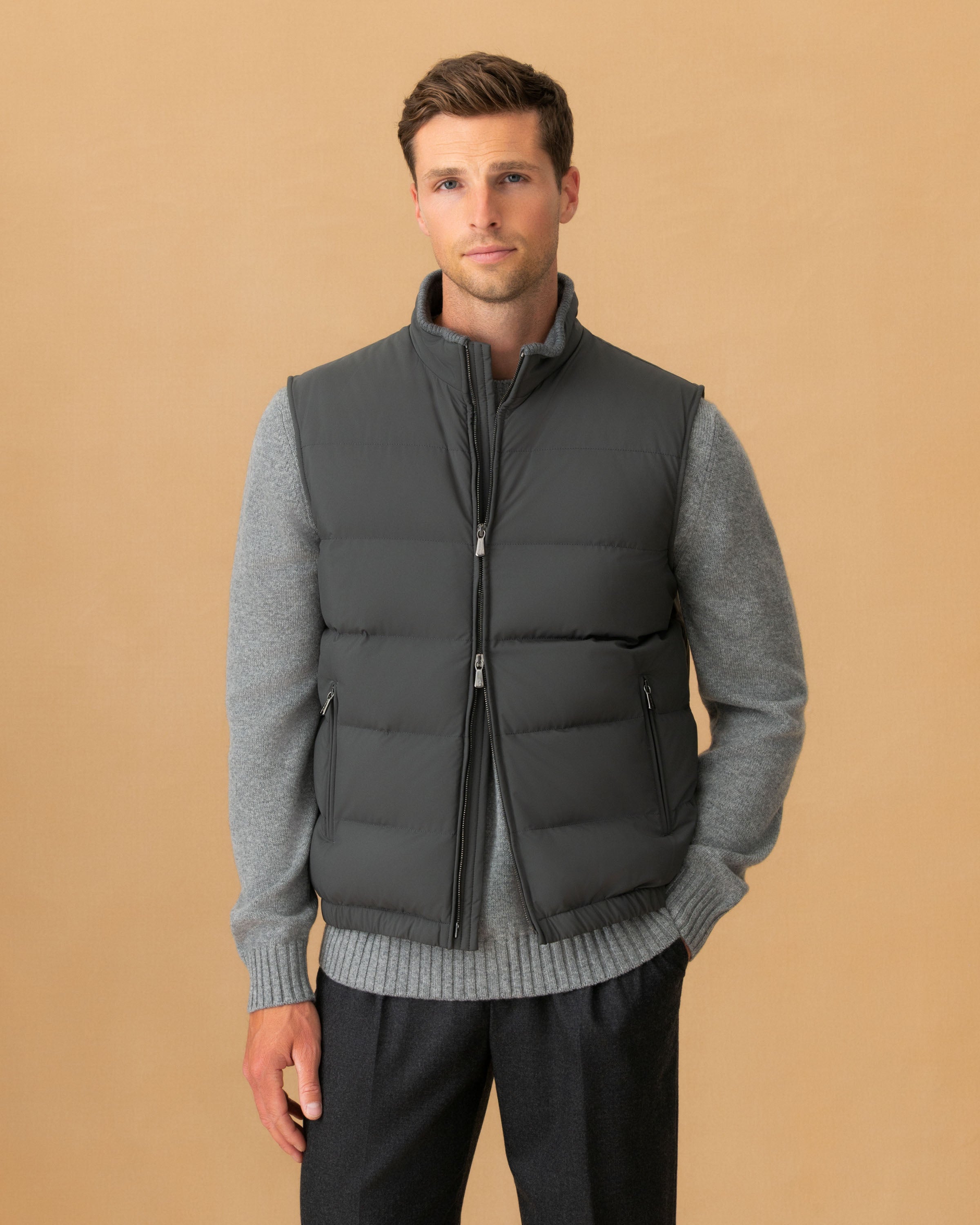 Japanese Nylon Gilet Graphite Model Cropped Image