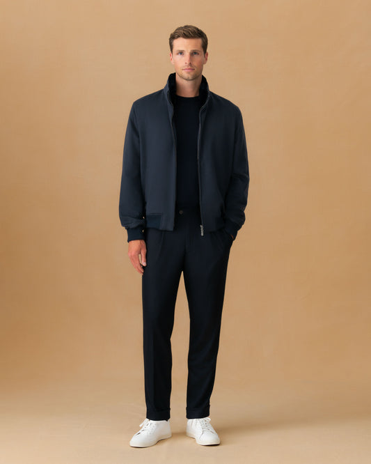 Cashmere Zip Through Bomber Jacket Navy Main Model Image