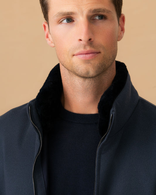 Cashmere Zip Through Bomber Jacket Navy Collar Model Image