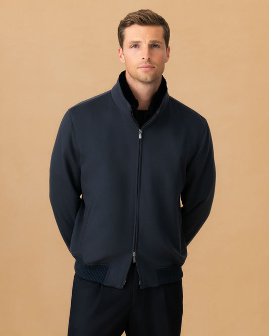 Cashmere Zip Through Bomber Jacket Navy Cropped Model Image