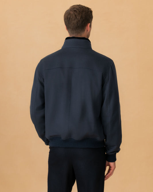 Cashmere Zip Through Bomber Jacket Navy Back Model Image