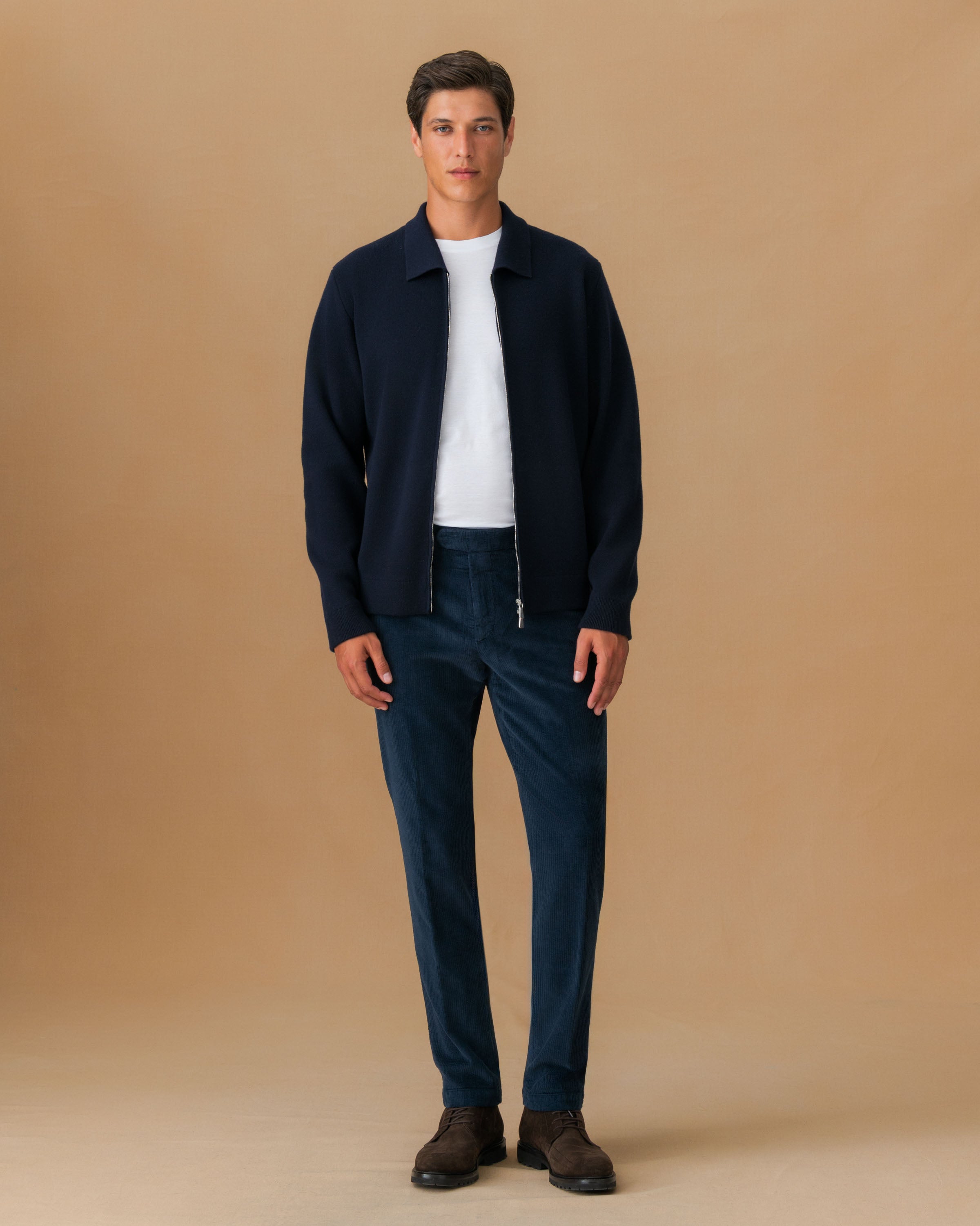 Corduroy Flat Front Chinos Navy With Bomber Model Image