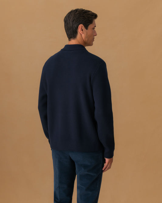 Merino Wool Zip Through Shirt Collar Bomber Navy Back Model Image