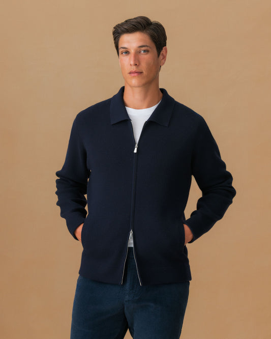 Merino Wool Zip Through Shirt Collar Bomber Navy Cropped Model Image