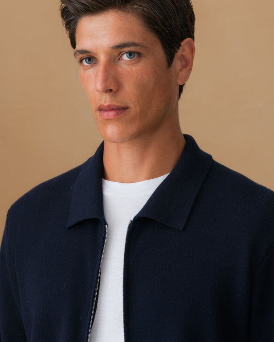 Merino Wool Zip Through Shirt Collar Bomber Navy Collar Model Image