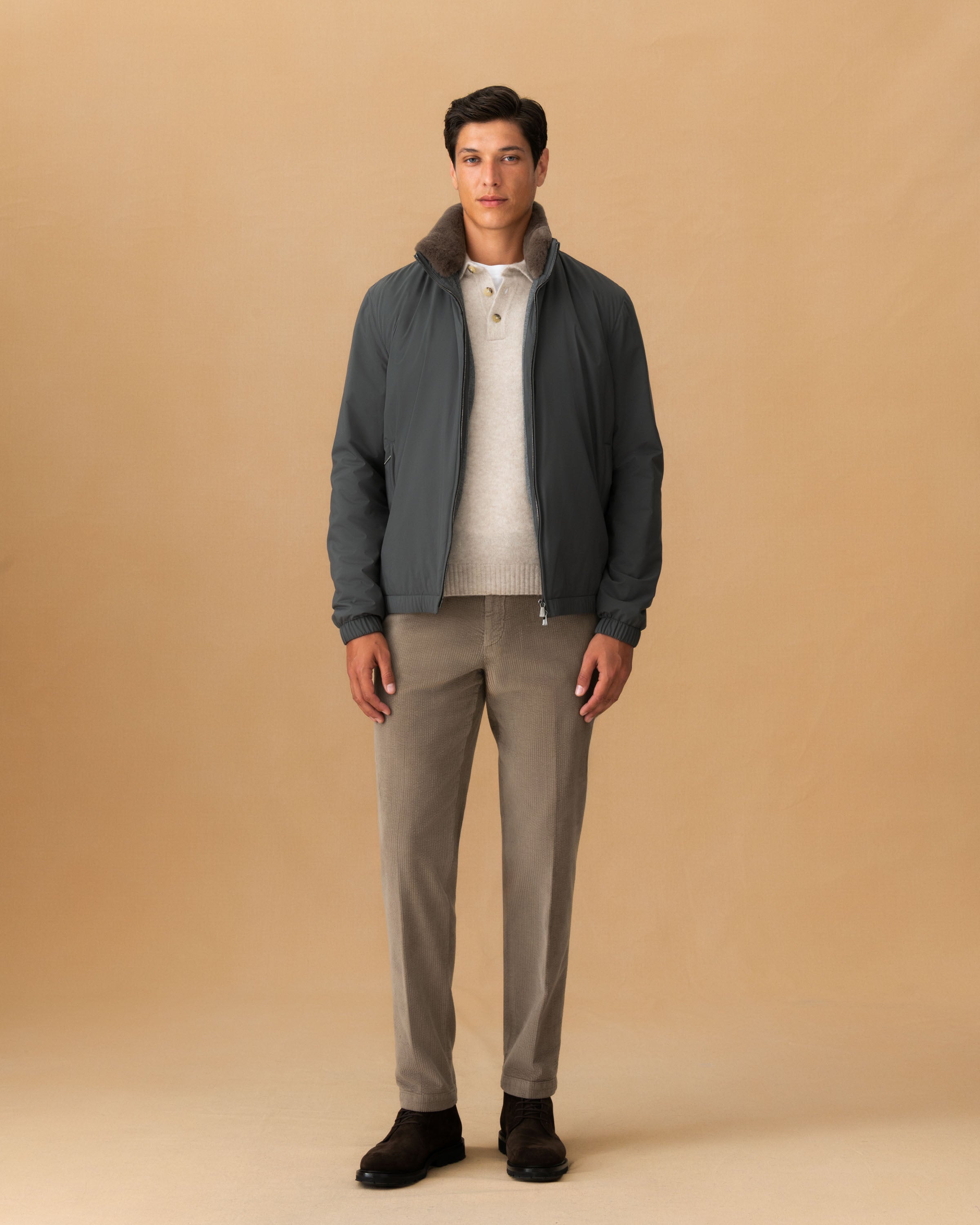 Nylon Cashmere Lined Bomber Jacket Graphite Main Model Image