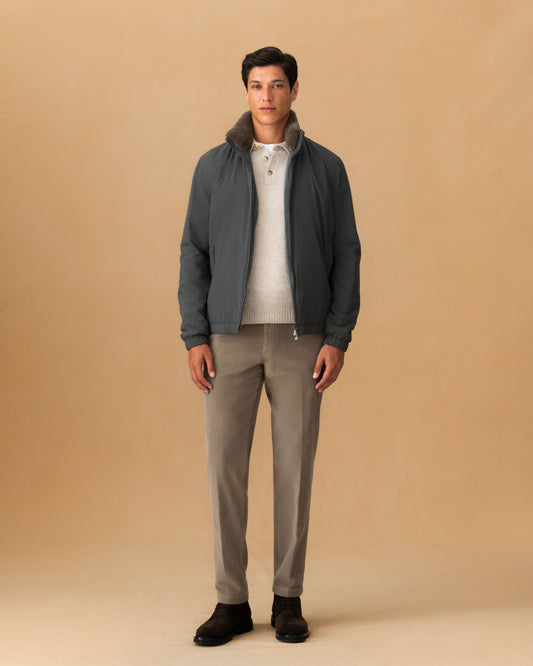 Nylon Cashmere Lined Bomber Jacket Graphite Main Model Image