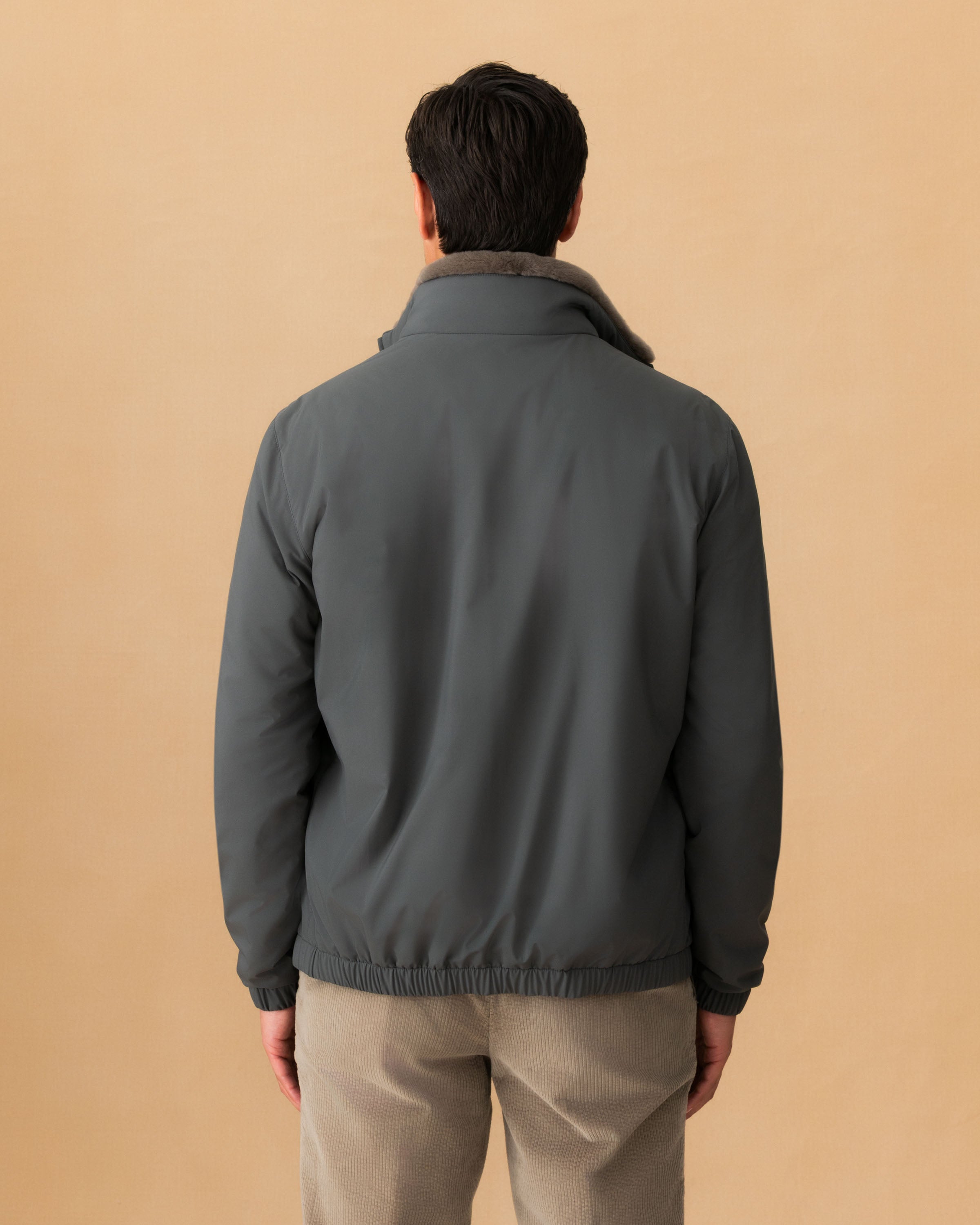 Nylon Cashmere Lined Bomber Jacket Graphite Back Model Image