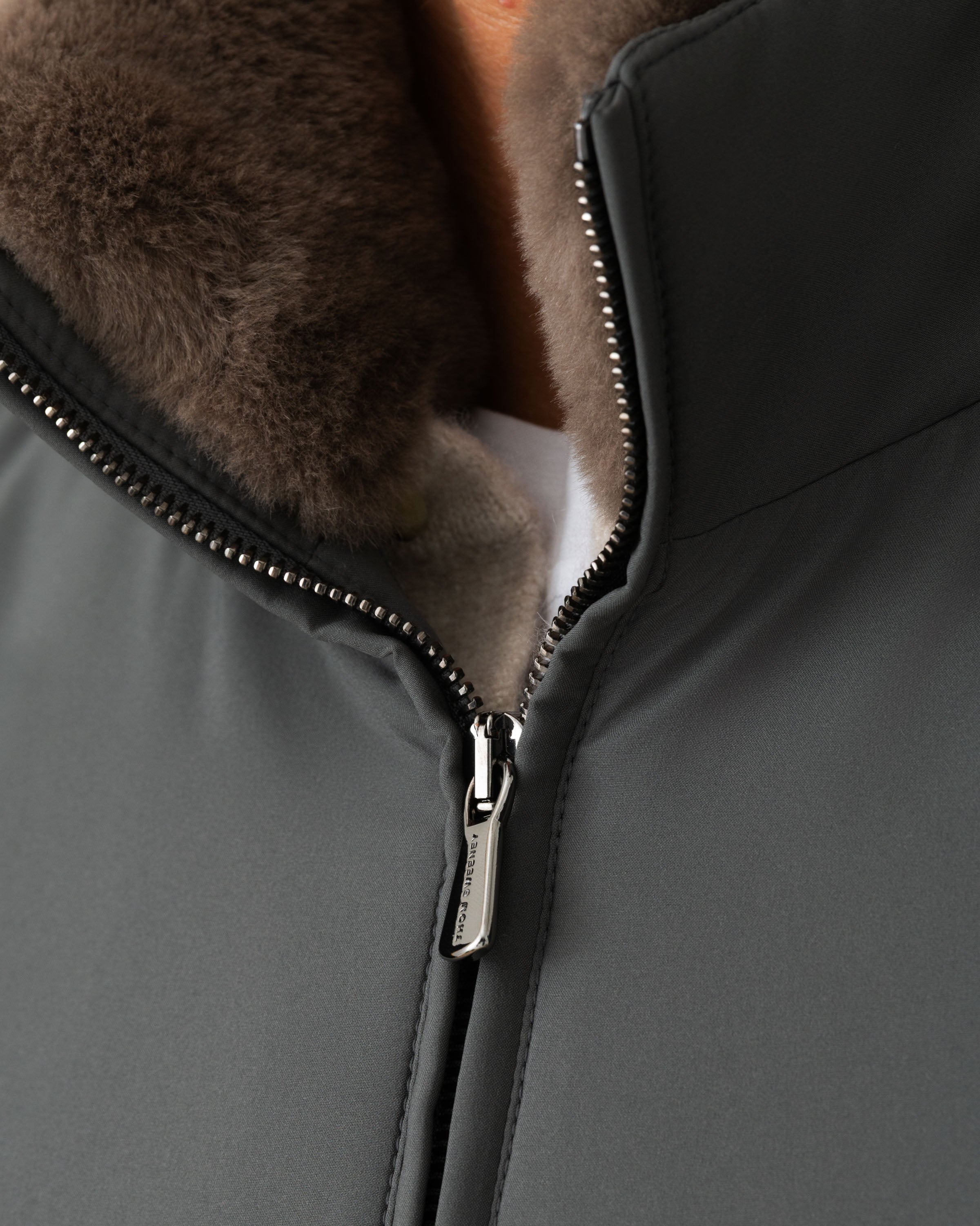 Nylon Cashmere Lined Bomber Jacket Graphite Zip Model Image