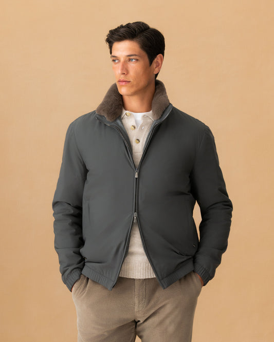 Nylon Cashmere Lined Bomber Jacket Graphite Cropped Zip Model Image