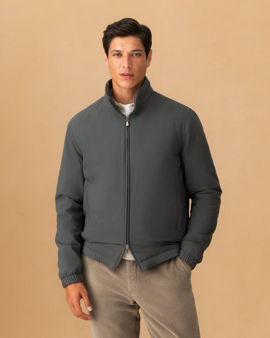 Nylon Cashmere Lined Bomber Jacket Graphite Cropped Model Image