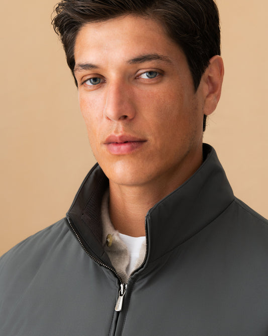 Nylon Cashmere Lined Bomber Jacket Graphite Collar Model Image