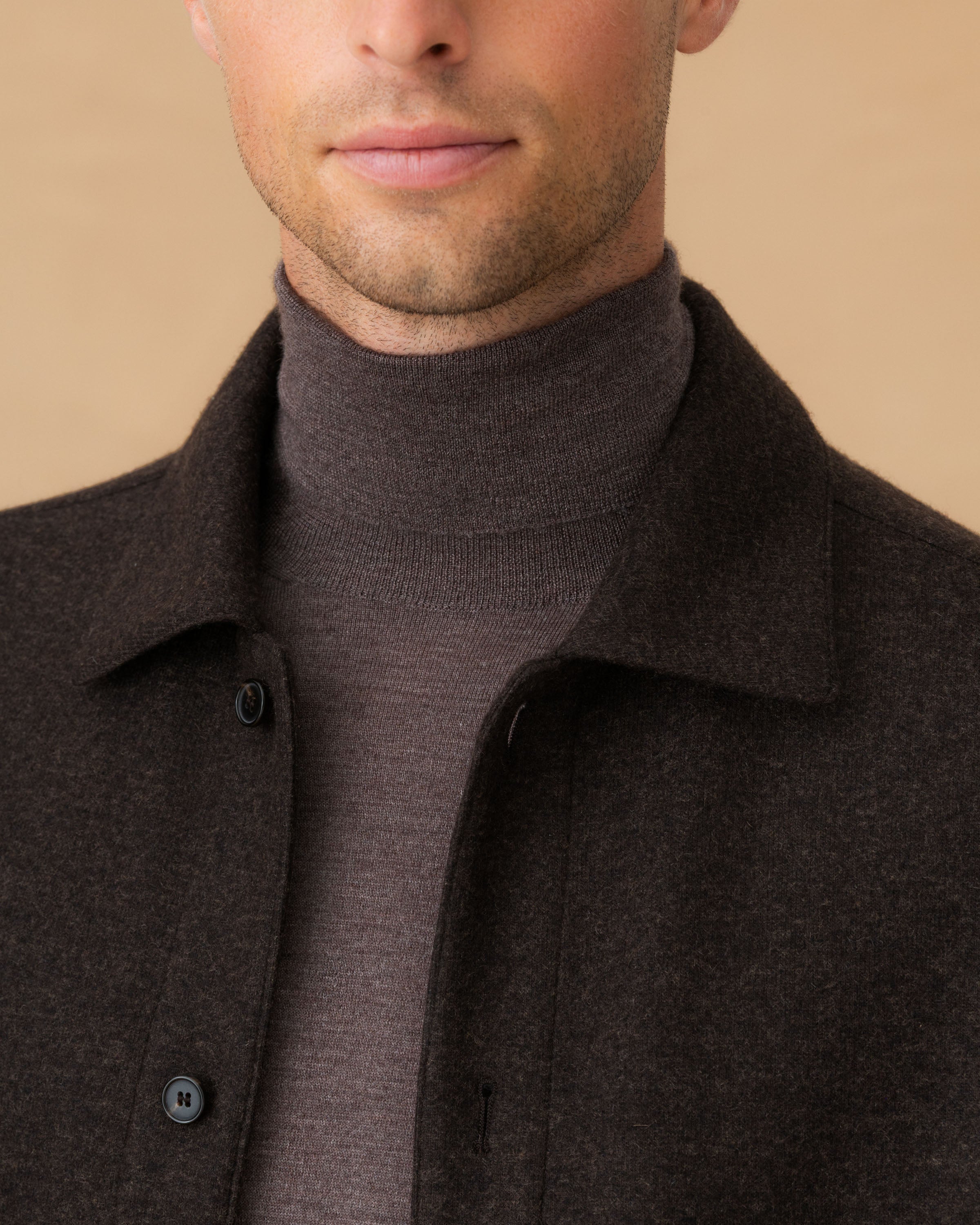 Cashmere Button Through Overshirt Dark Brown Collar Model Image