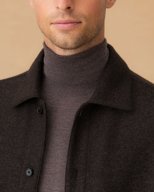 Cashmere Button Through Overshirt Dark Brown Collar Model Image