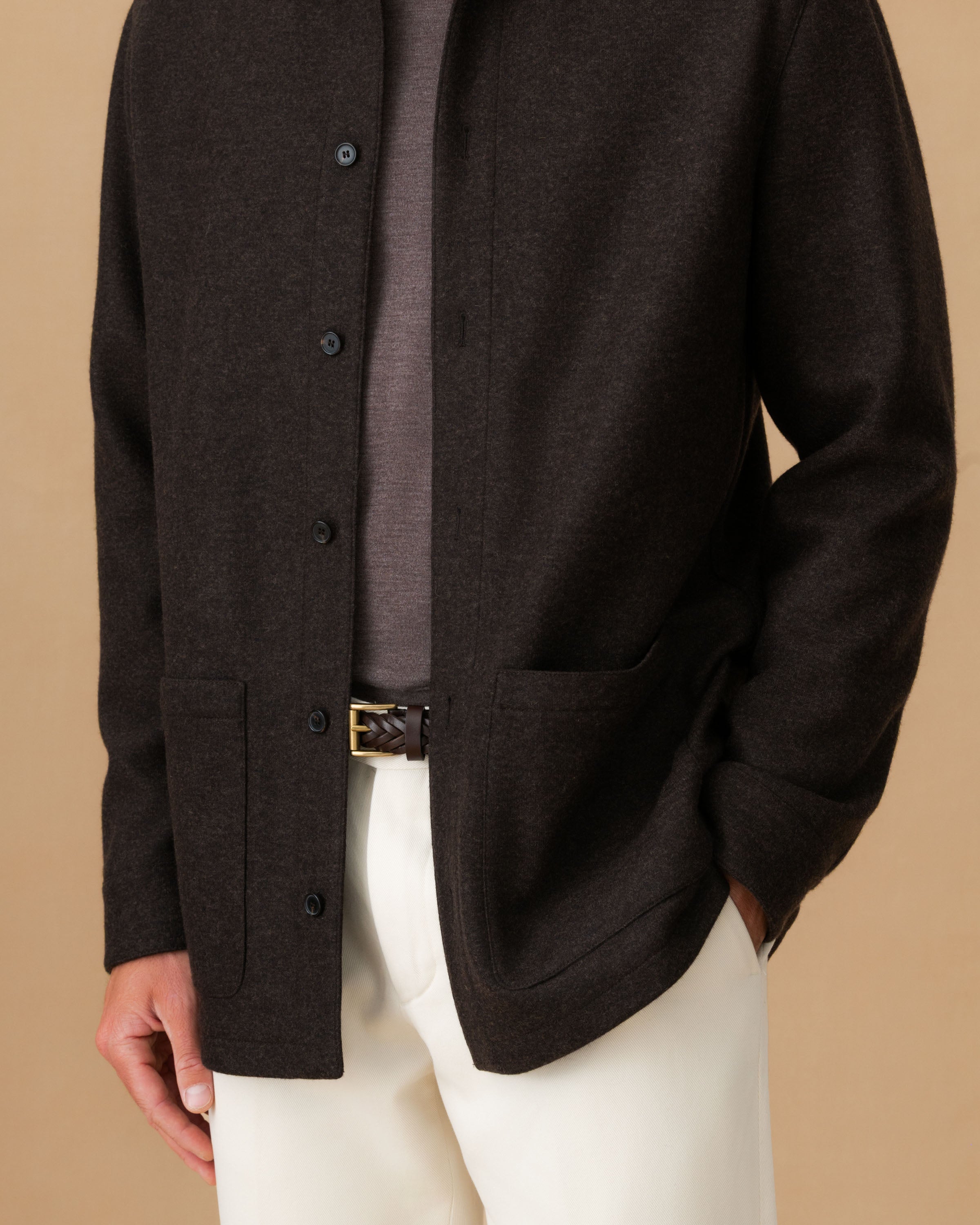 Cashmere Button Through Overshirt Dark Brown Button Model Image