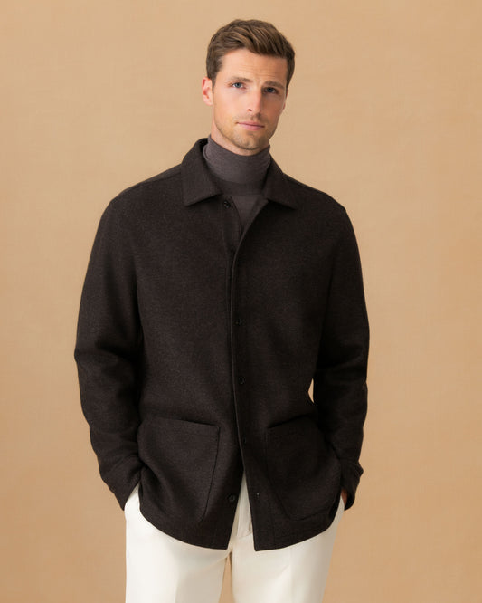 Cashmere Button Through Overshirt Dark Brown Cropped Model Image