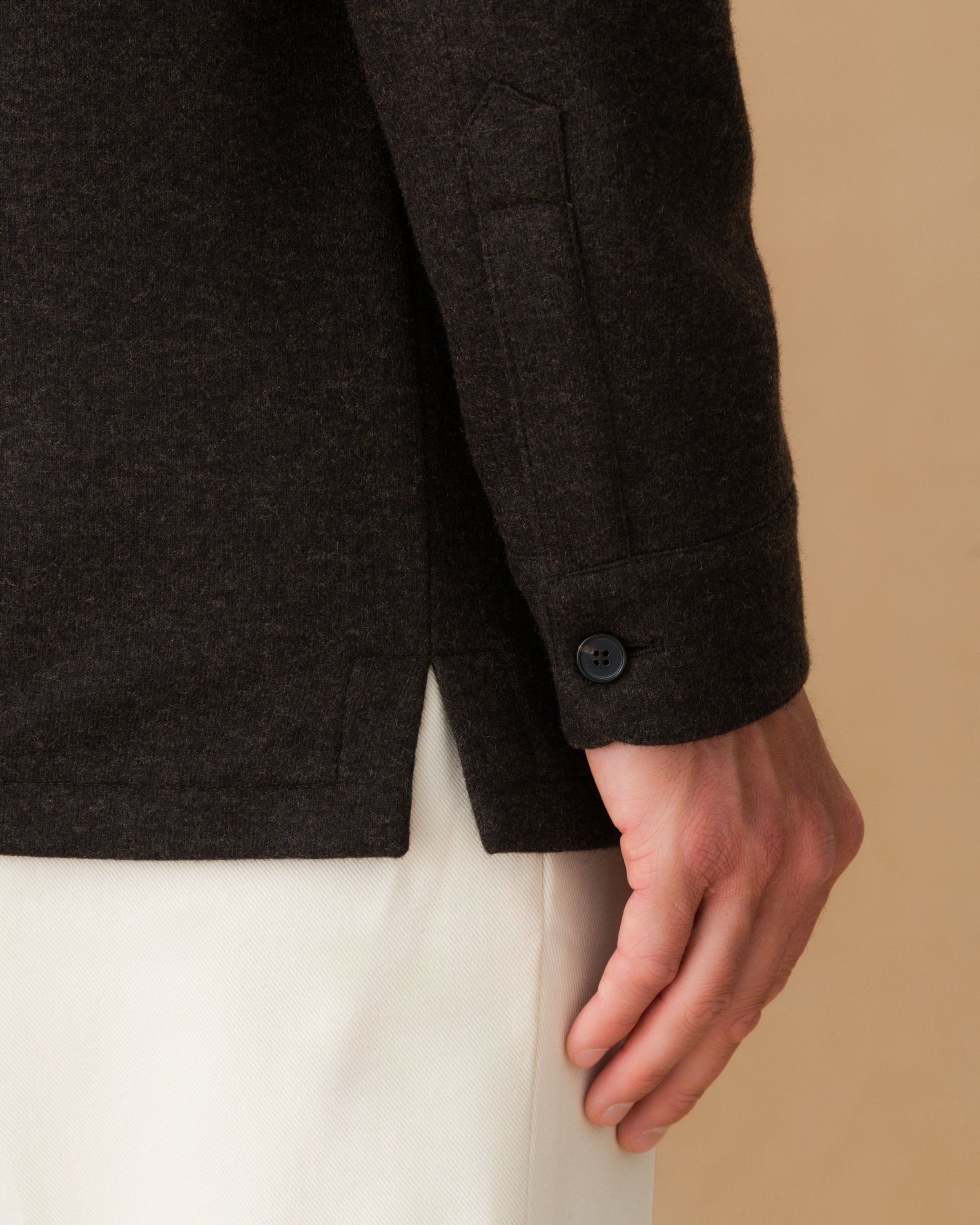 Cashmere Button Through Overshirt Dark Brown Sleeve Model Image