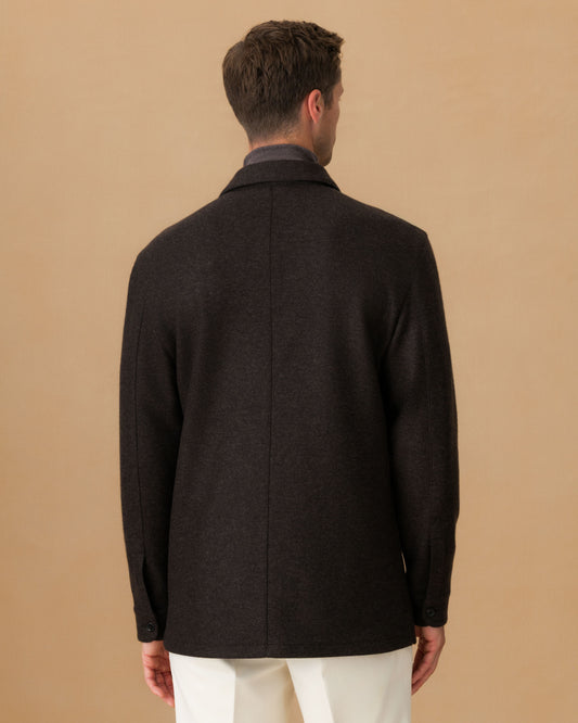 Cashmere Button Through Overshirt Dark Brown Back Model Image