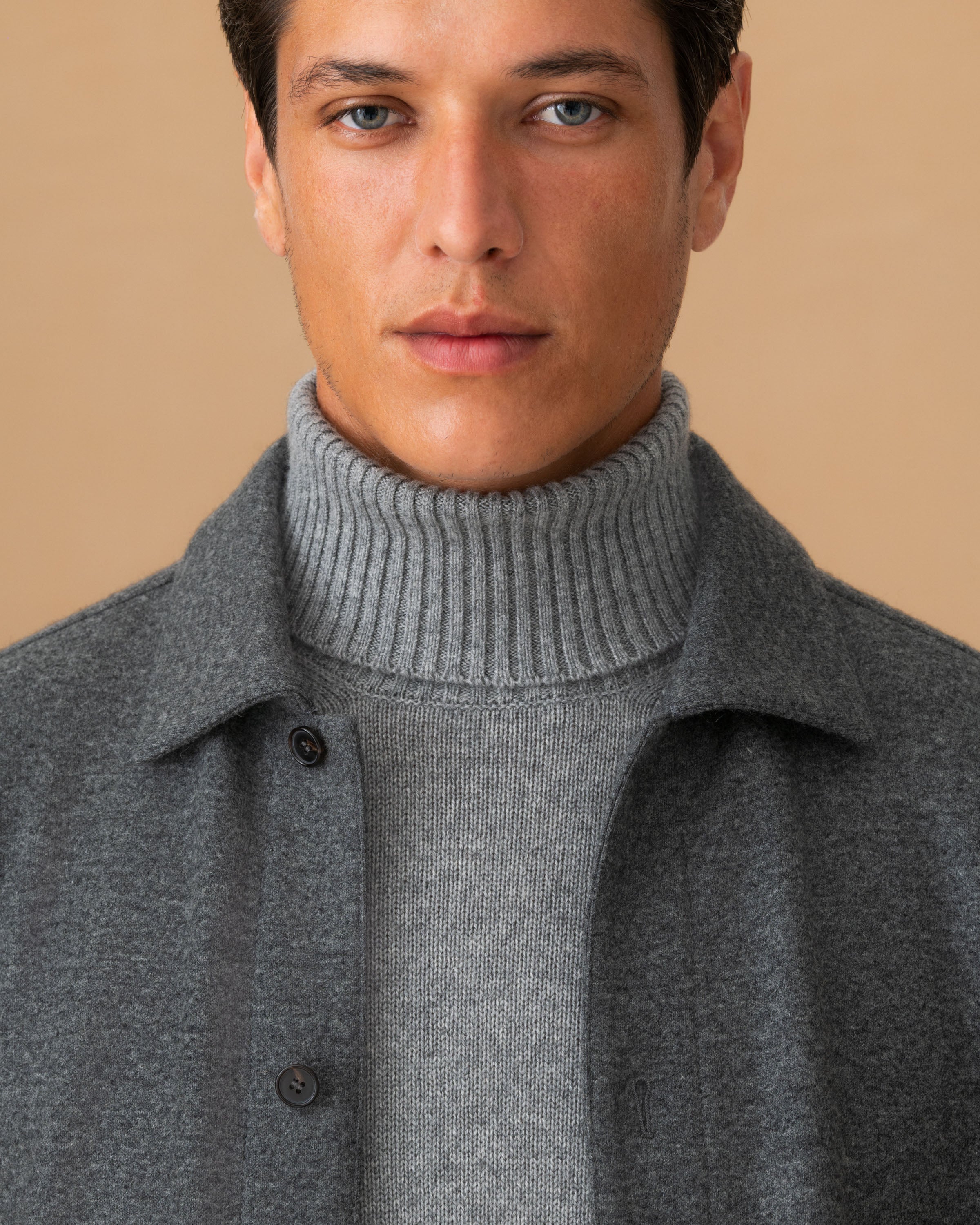 Cashmere Button Through Overshirt Grey Collar Model Image
