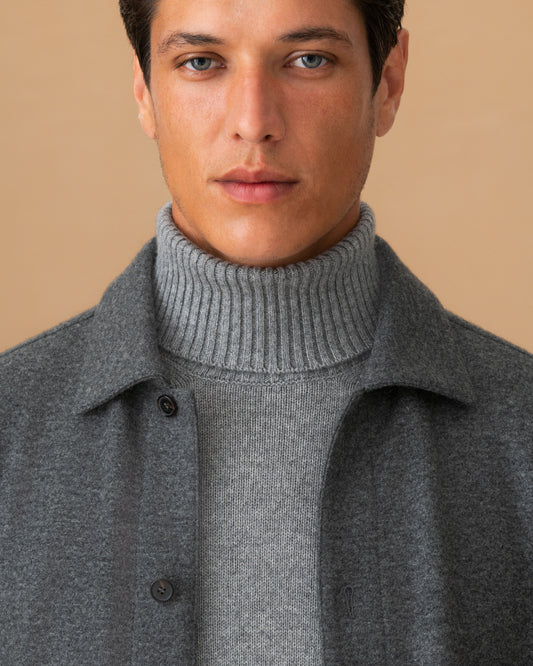 Cashmere Button Through Overshirt Grey Collar Model Image