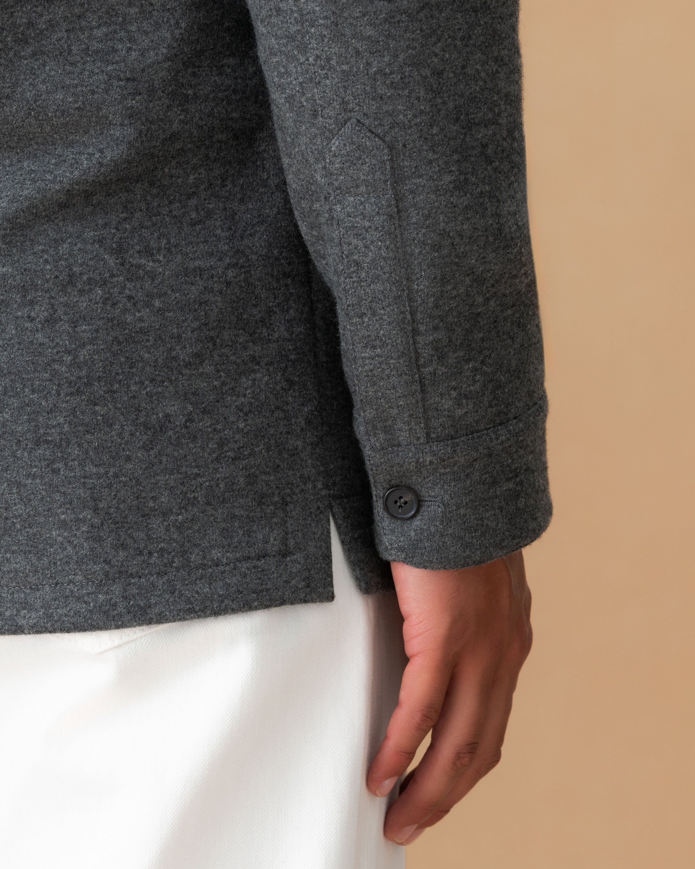 Cashmere Button Through Overshirt Grey Sleeve Model Image