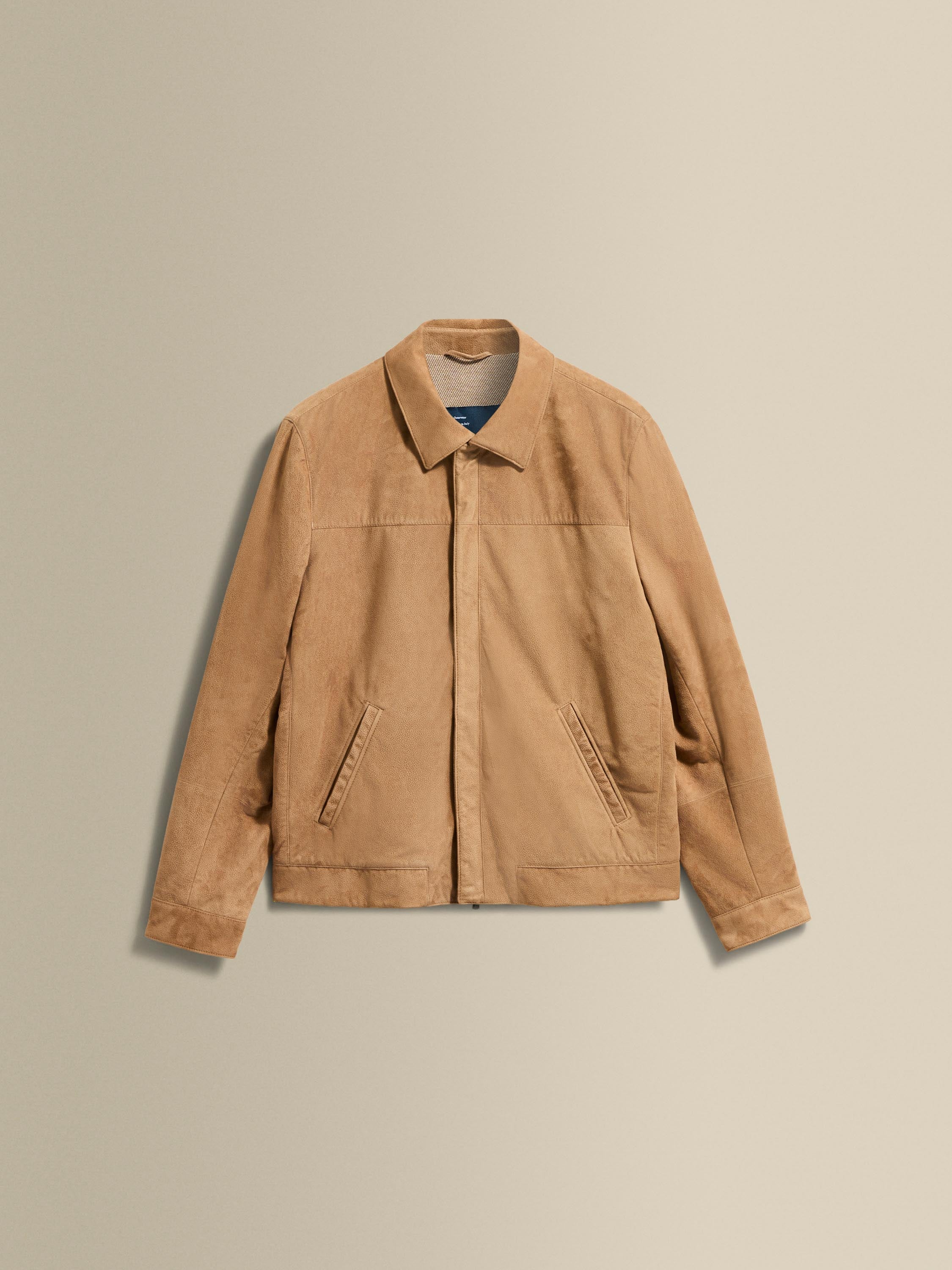 Grained Leather Zip-Through Shirt Collar Bomber Jacket Product Image