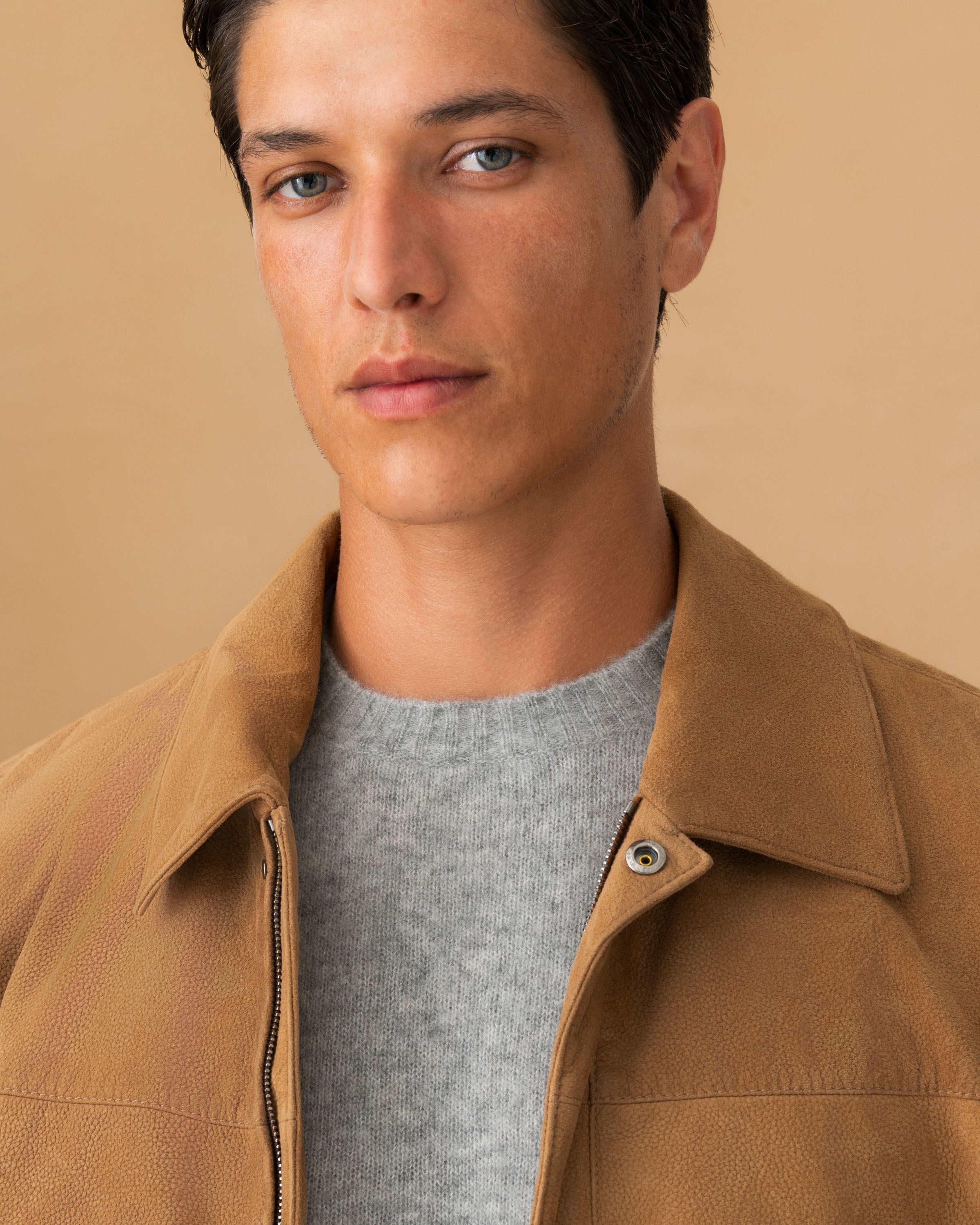 Grained Leather Zip-Through Shirt Collar Bomber Jacket Cropped Model Image