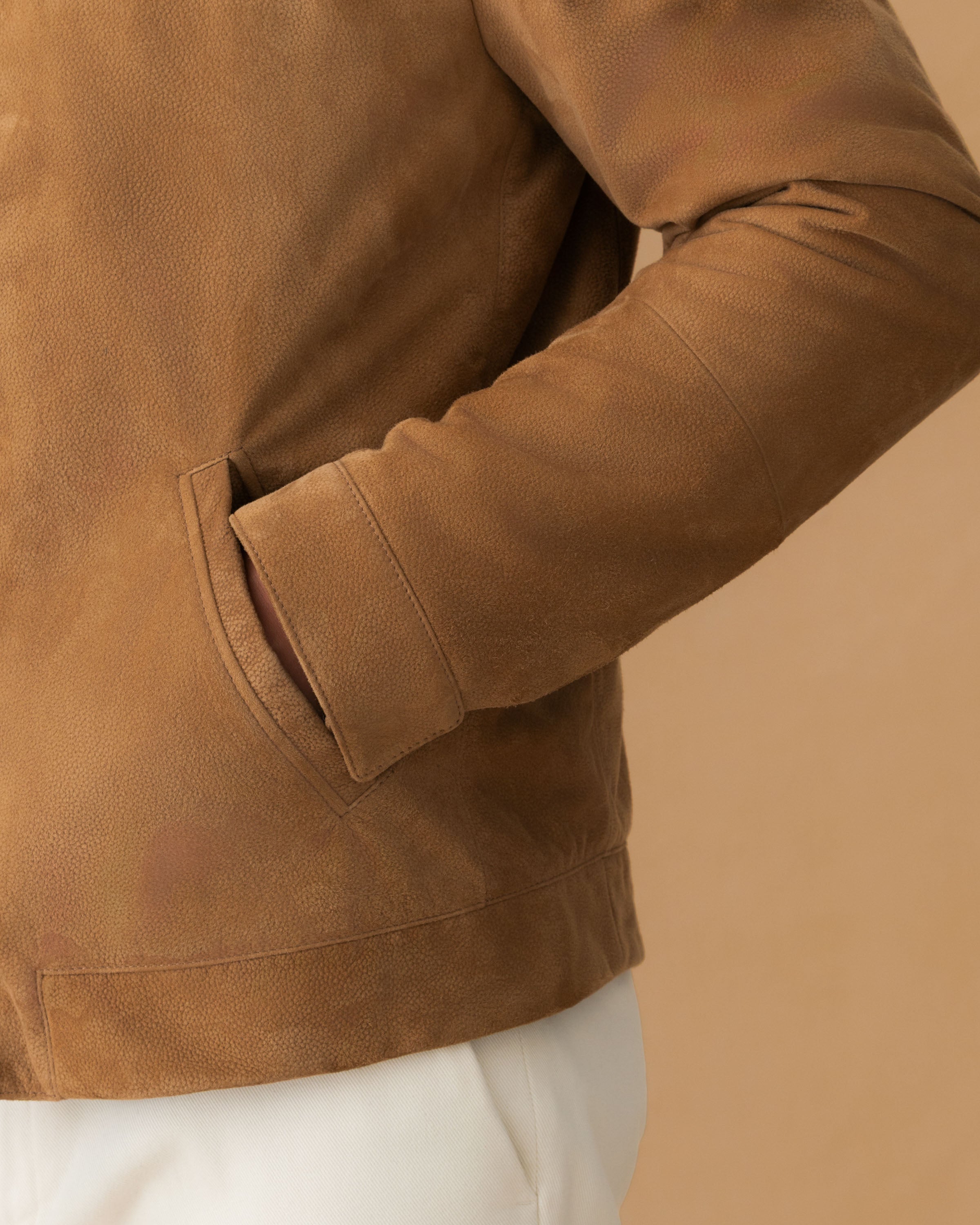 Grained Leather Zip-Through Shirt Collar Bomber Jacket Pocket Model Image