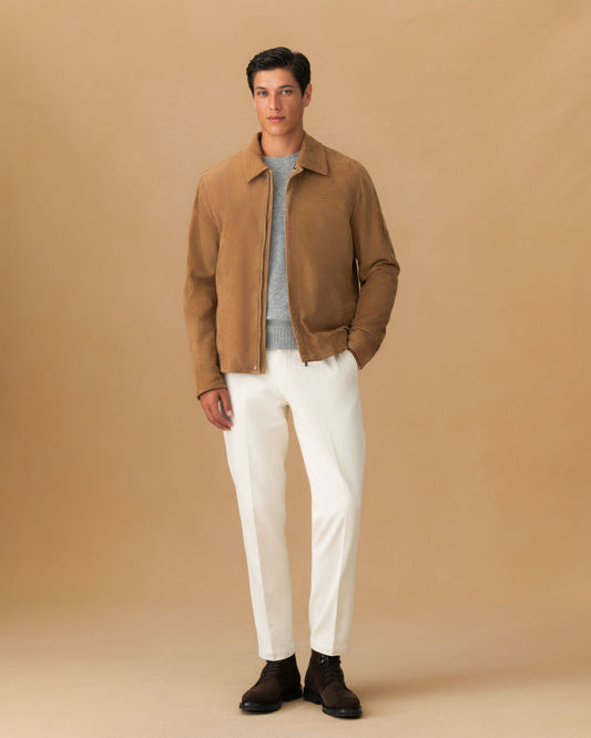 Grained Leather Zip-Through Shirt Collar Bomber Jacket Main Model Image