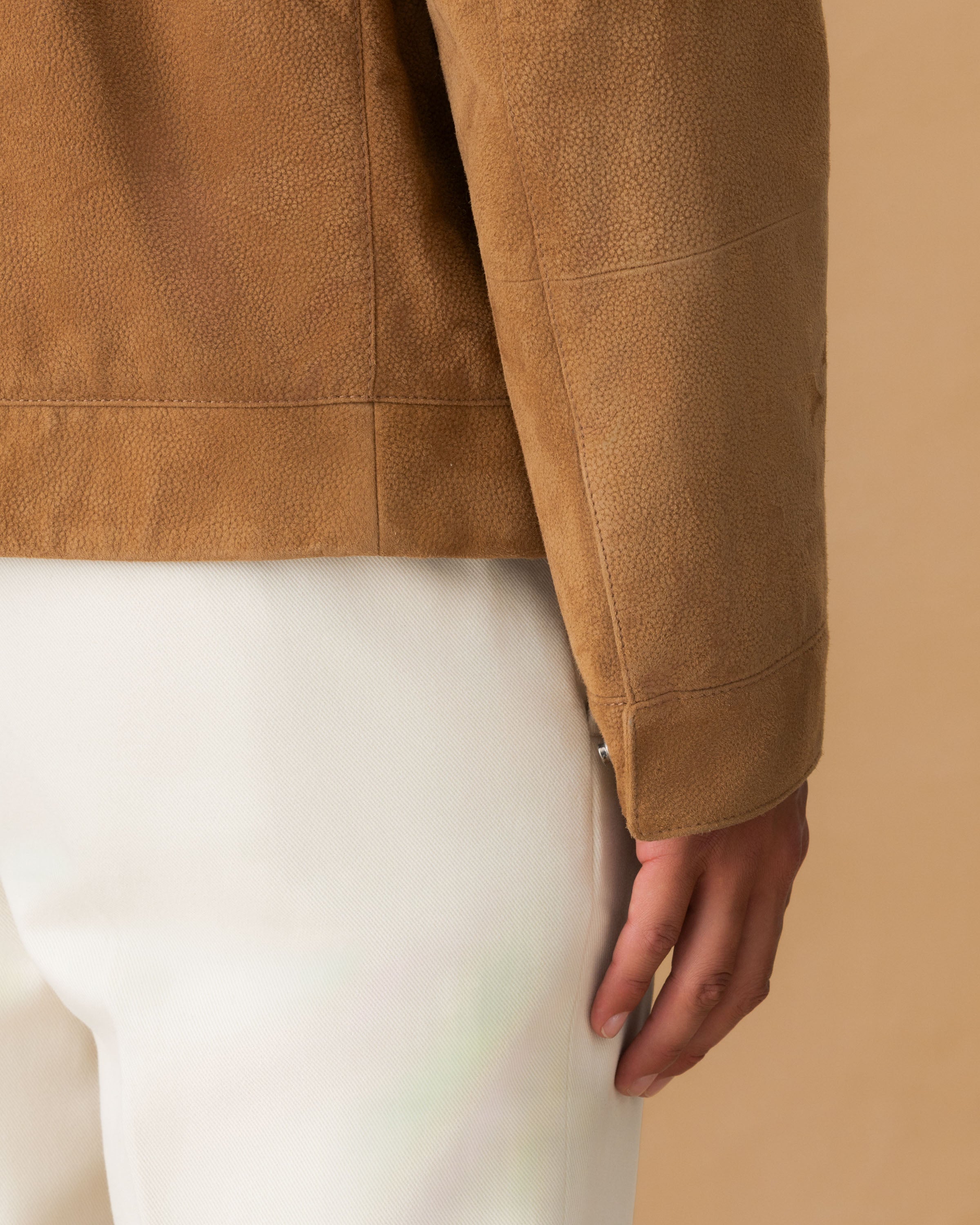 Grained Leather Zip-Through Shirt Collar Bomber Jacket Sleeve Model Image