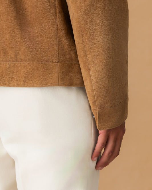 Grained Leather Zip-Through Shirt Collar Bomber Jacket Sleeve Model Image