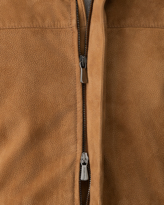 Grained Leather Zip-Through Shirt Collar Bomber Jacket Zip Model Image