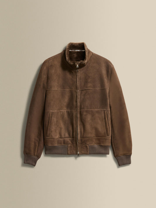 Suede Shearling Mock Collar Bomber Jacket Caffe Product Image
