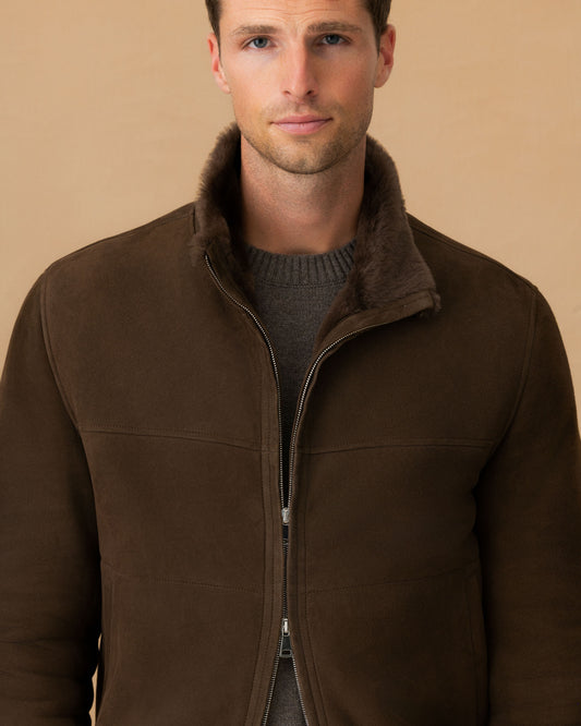 Suede Shearling Mock Collar Bomber Jacket Caffe Zip Model Image