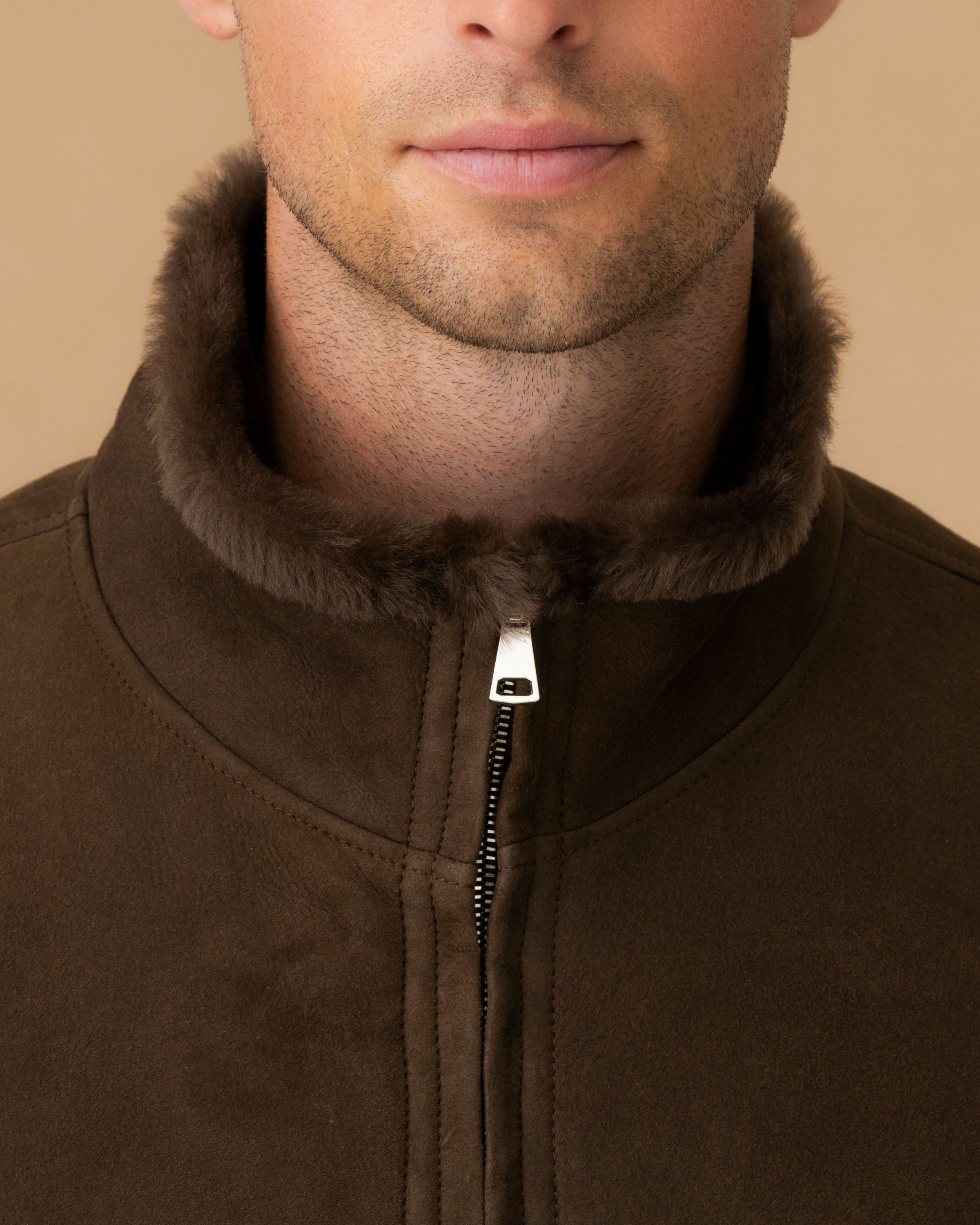 Suede Shearling Mock Collar Bomber Jacket Caffe Collar Model Image