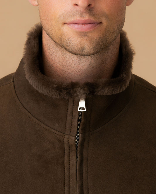Suede Shearling Mock Collar Bomber Jacket Caffe Collar Model Image