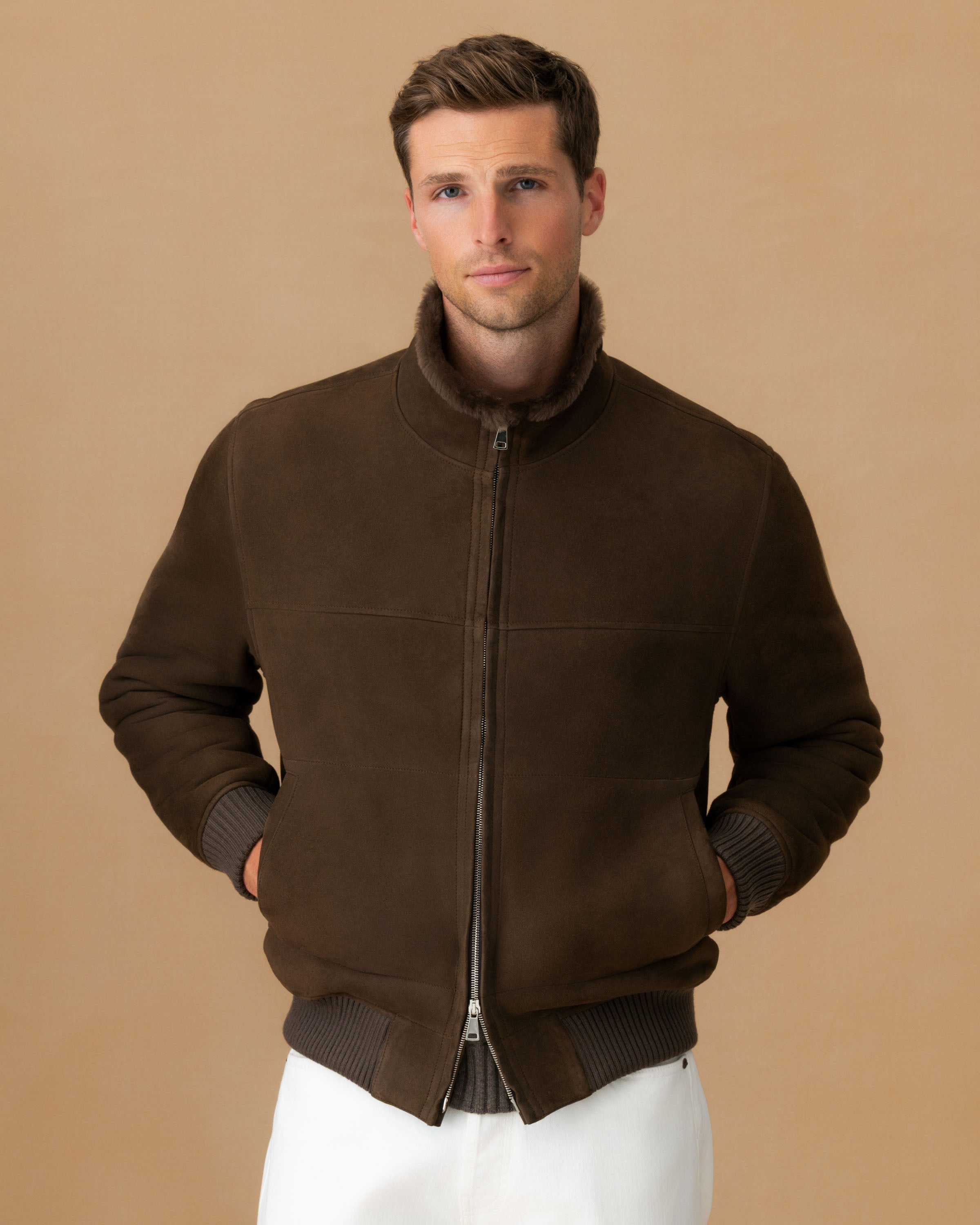 Suede Shearling Mock Collar Bomber Jacket Caffe Cropped Model Image